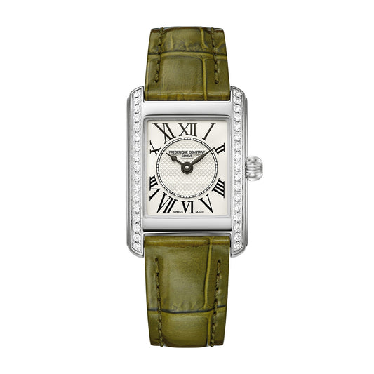 Frederique Constant Ladies' Carree Quartz Stainless Steel Watch with White Dial & Green Leather Strap