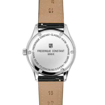 Frederique Constant Ladies' Quartz Stainless Steel Watch with Black Dial & Leather Strap front view