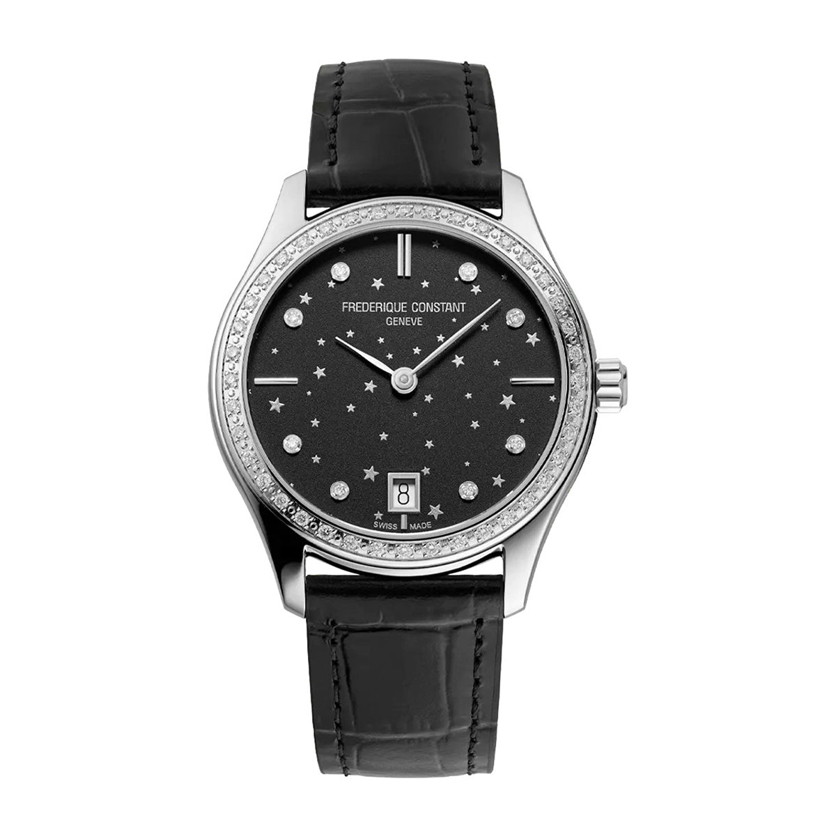 Frederique Constant Ladies' Quartz Stainless Steel Watch with Black Dial & Leather Strap