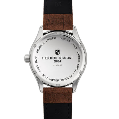 Frederique Constant Men's Quartz Stainless Steel Watch with Gray Dial & Brown Leather Strap front view