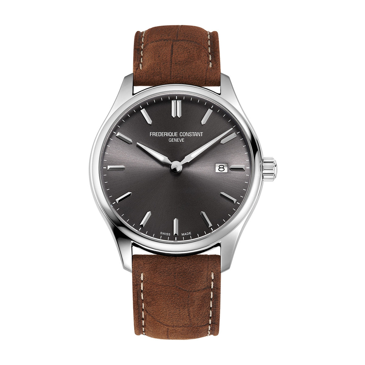 Frederique Constant Men's Quartz Stainless Steel Watch with Gray Dial & Brown Leather Strap