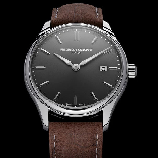 Frederique Constant Men's Quartz Stainless Steel Watch with Gray Dial & Brown Leather Strap close-up detail