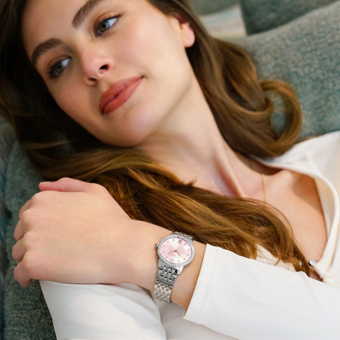 Frederique Constant Ladies' Slimline Quartz Stainless Steel Watch with Pink Dial close-up detail