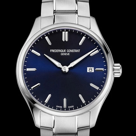 Frederique Constant Men's' Quartz Stainless Steel Watch with Blue Dial close-up detail