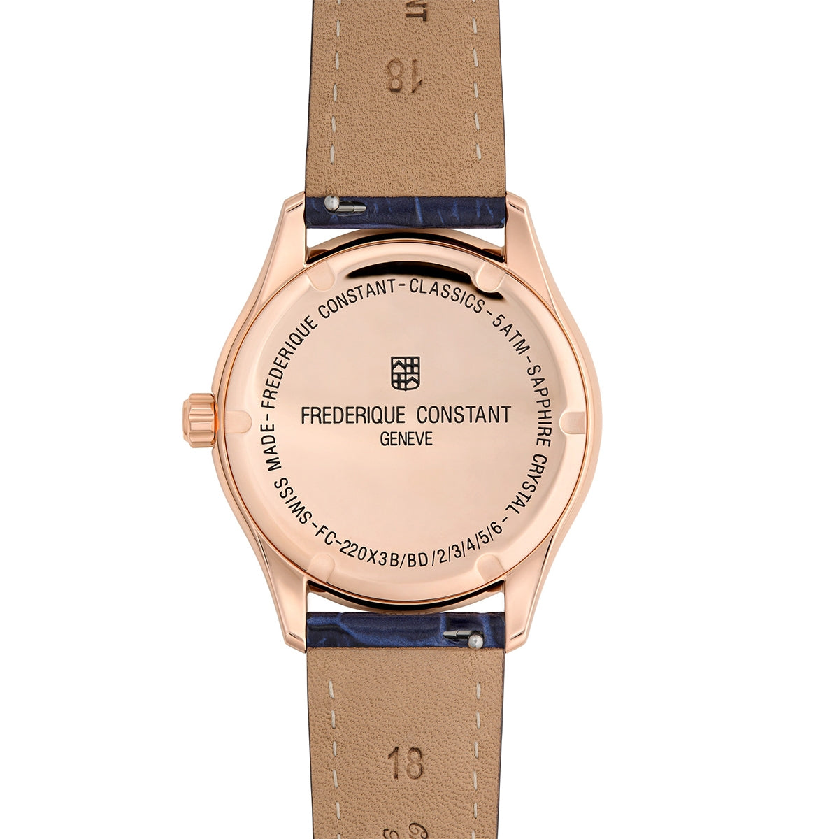 Frederique Constant Ladies' Quartz Rose Gold-Tone Stainless Steel Watch with Blue Dial & Leather Strap front view