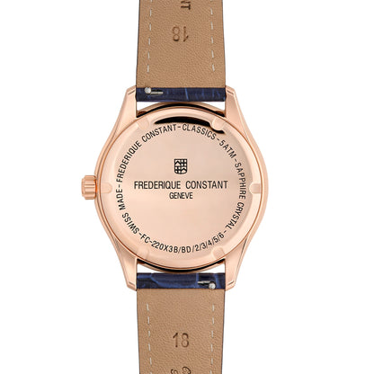 Frederique Constant Ladies' Quartz Rose Gold-Tone Stainless Steel Watch with Blue Dial & Leather Strap front view