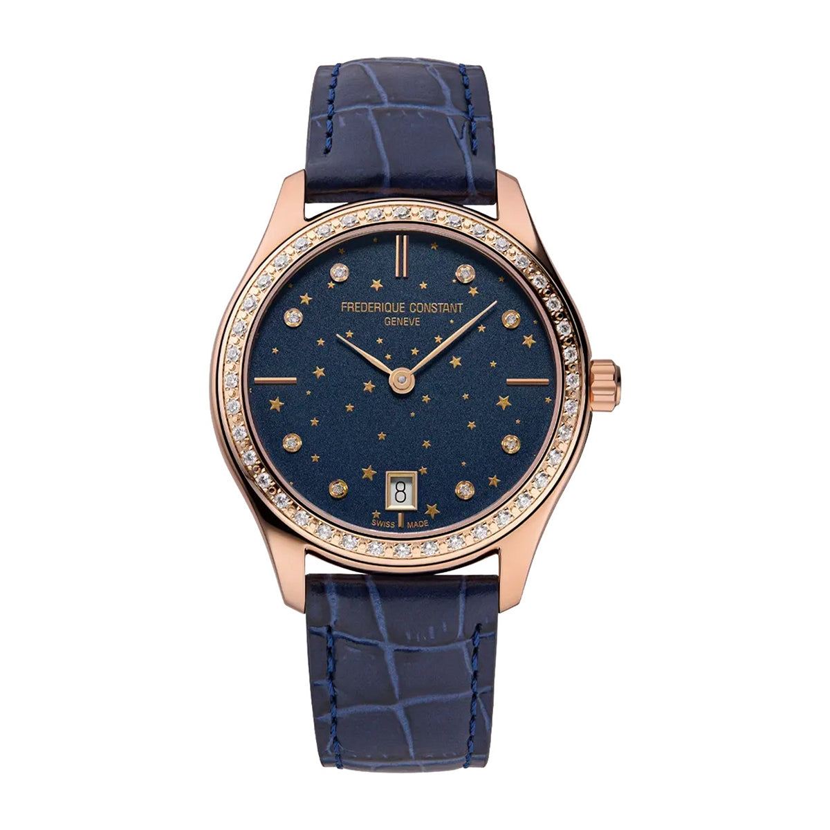 Frederique Constant Ladies' Quartz Rose Gold-Tone Stainless Steel Watch with Blue Dial & Leather Strap