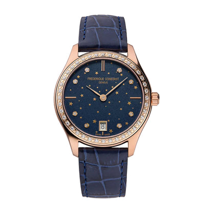 Frederique Constant Ladies' Quartz Rose Gold-Tone Stainless Steel Watch with Blue Dial & Leather Strap