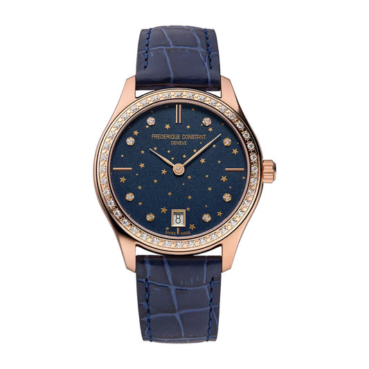 Frederique Constant Ladies' Quartz Rose Gold-Tone Stainless Steel Watch with Blue Dial & Leather Strap