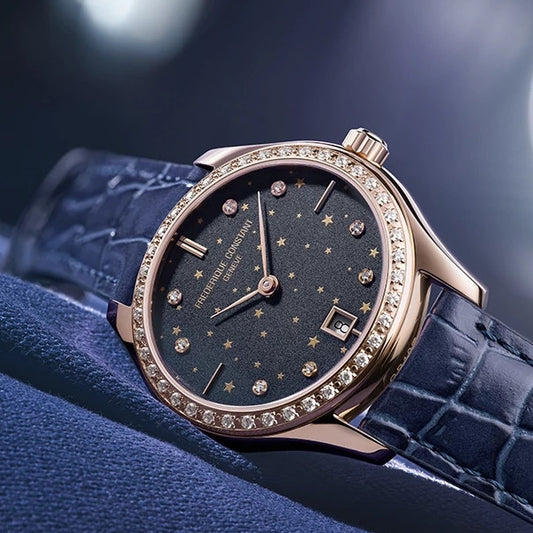 Frederique Constant Ladies' Quartz Rose Gold-Tone Stainless Steel Watch with Blue Dial & Leather Strap close-up detail