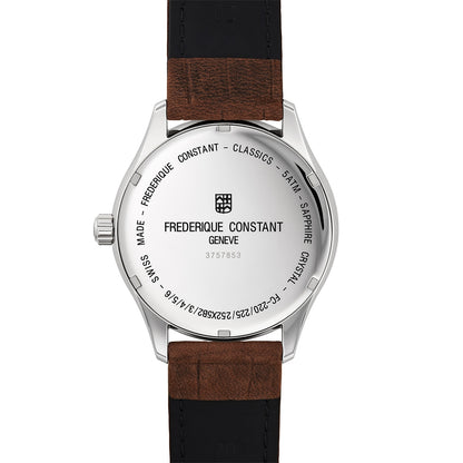 Frederique Constant Men's Quartz Stainless Steel Watch with Silver Dial & Brown Leather Strap front view