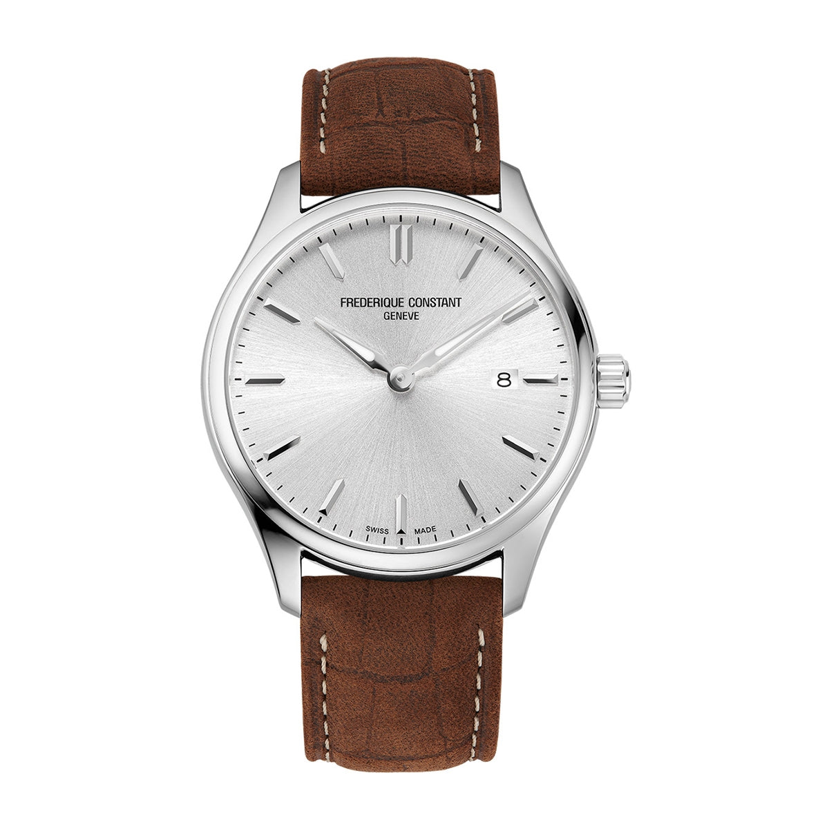 Frederique Constant Men's Quartz Stainless Steel Watch with Silver Dial & Brown Leather Strap