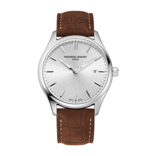 Frederique Constant Men's Quartz Stainless Steel Watch with Silver Dial & Brown Leather Strap