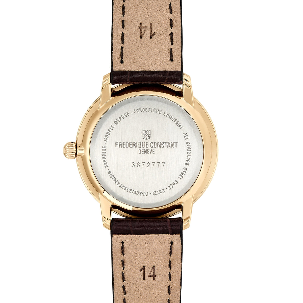 Frederique Constant Ladies' Slimline Quartz Gold-Tone Stainless Steel Watch with Silver Dial & Brown Leather Strap front view