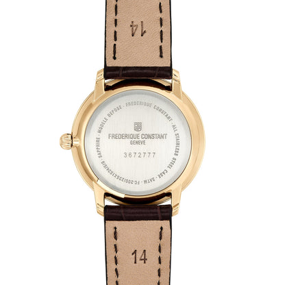 Frederique Constant Ladies' Slimline Quartz Gold-Tone Stainless Steel Watch with Silver Dial & Brown Leather Strap front view