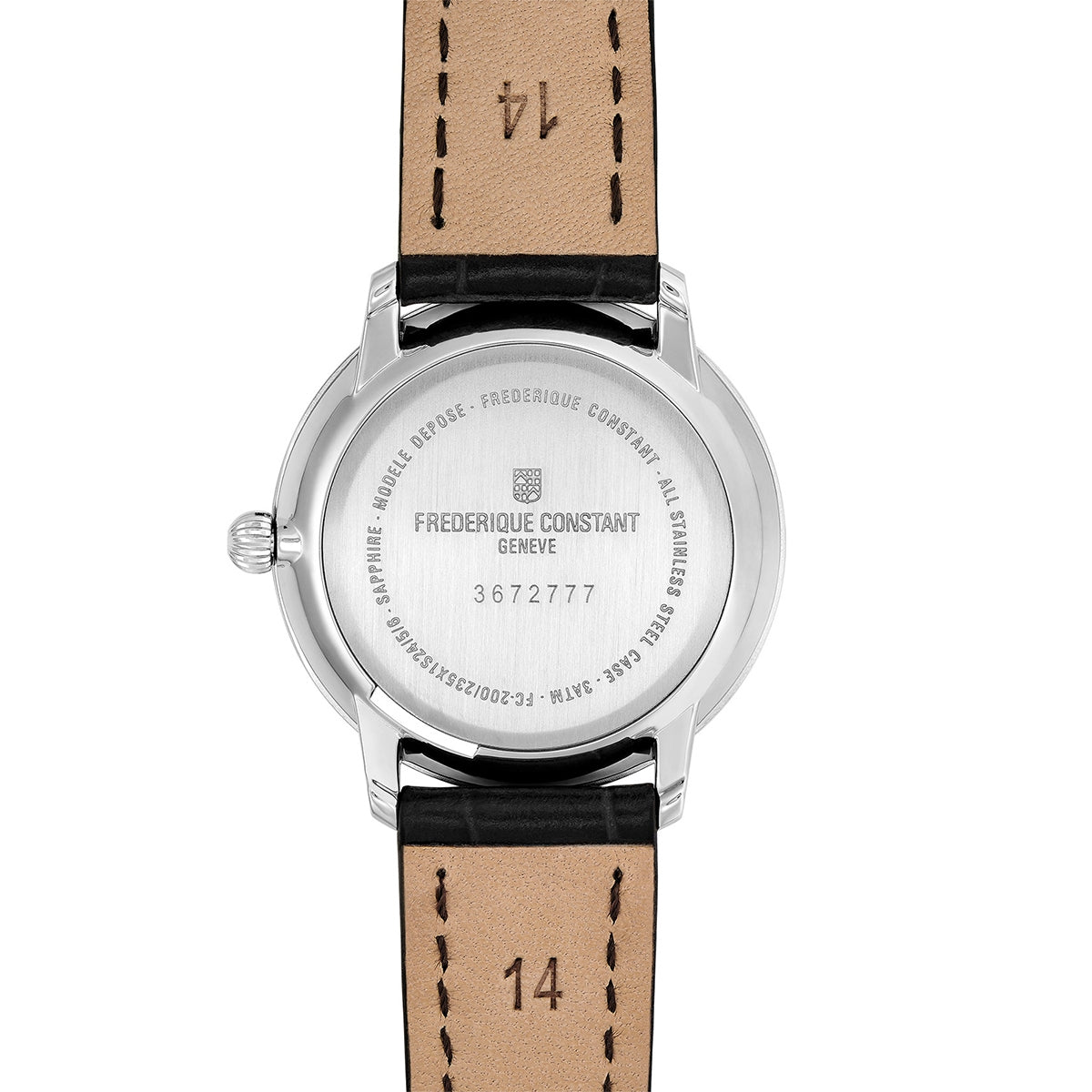 Frederique Constant Ladies' Slimline Quartz Stainless Steel Watch with Silver Dial & Black Leather Strap front view