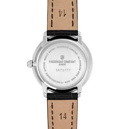 Frederique Constant Ladies' Slimline Quartz Stainless Steel Watch with Silver Dial & Black Leather Strap front view