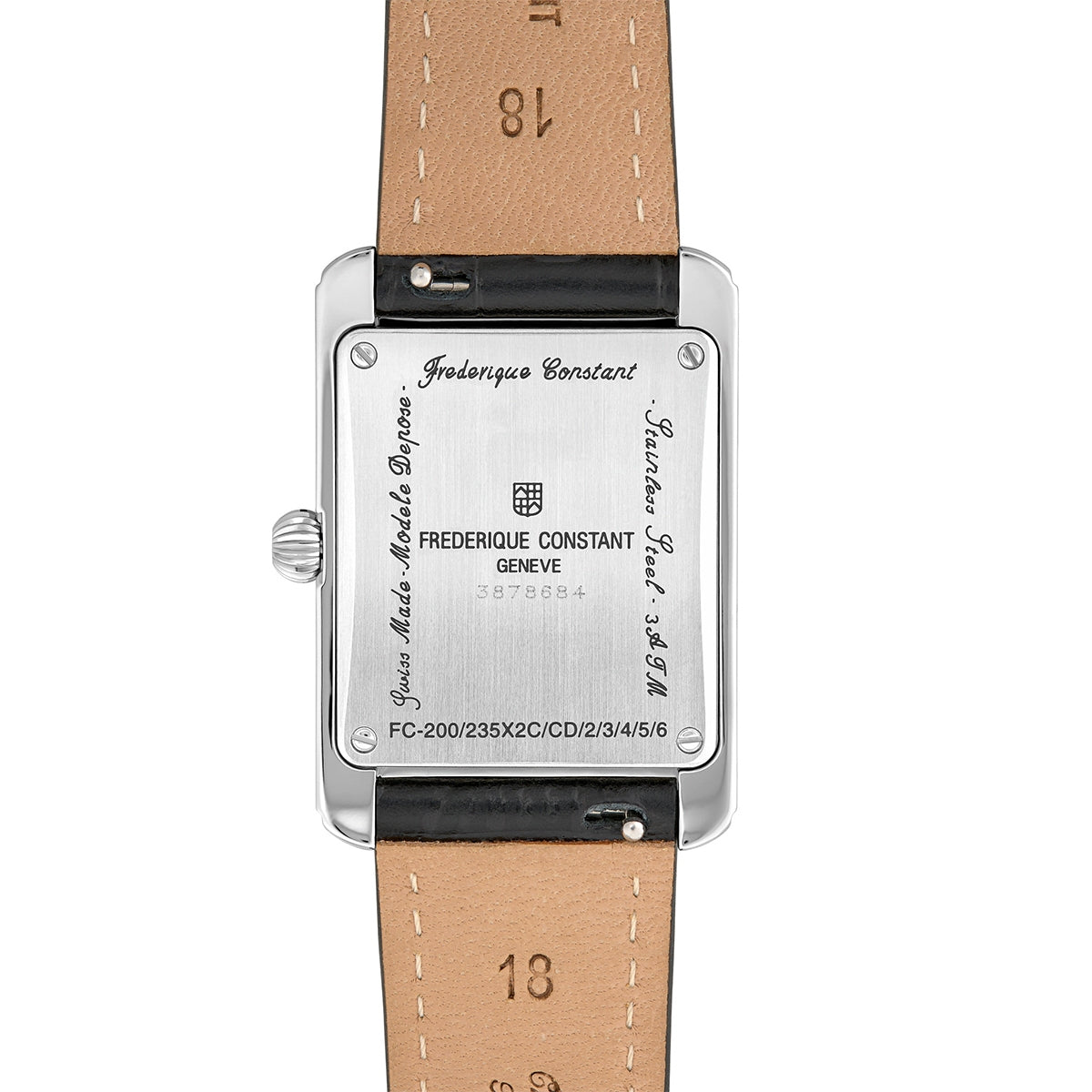 Frederique Constant Ladies' Carree Quartz Stainless Steel Watch with Silver Dial & Black Leather Strap front view