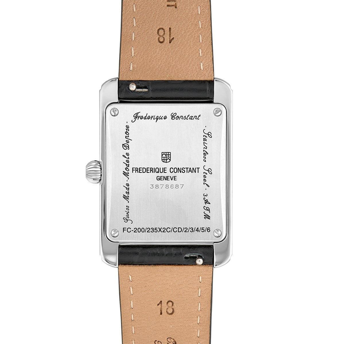 Frederique Constant Ladies' Carree Quartz Stainless Steel Watch with Silver Dial & Black Leather Strap front view (2)