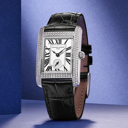 Frederique Constant Ladies' Carree Quartz Stainless Steel Watch with Silver Dial & Black Leather Strap close-up detail (2)