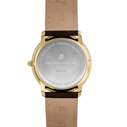 Frederique Constant Men's Slimline Quartz Gold-Tone Stainless Steel Watch with Silver Dial & Brown Leather Strap front view