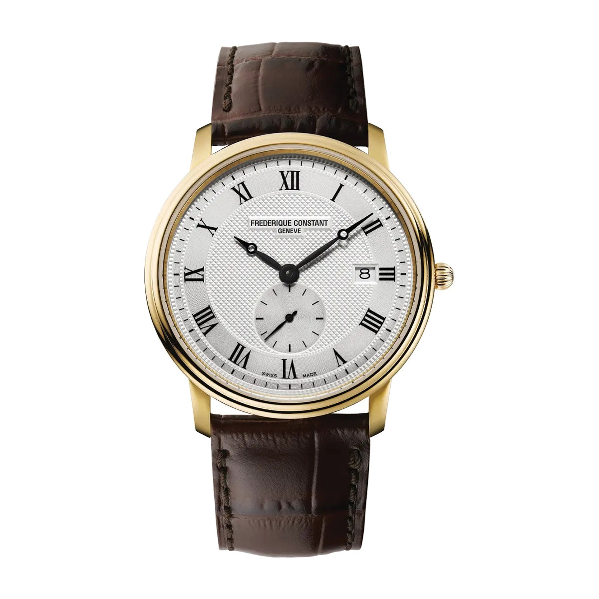 Frederique Constant Men's Slimline Quartz Gold-Tone Stainless Steel Watch with Silver Dial & Brown Leather Strap