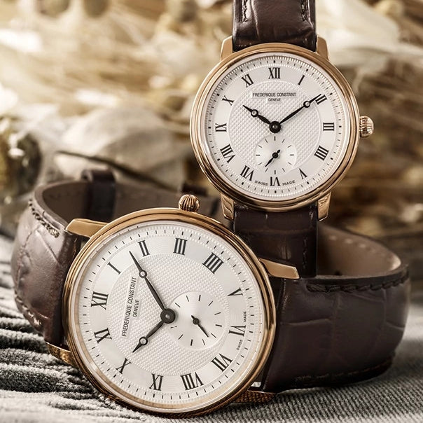 Frederique Constant Men's Slimline Quartz Gold-Tone Stainless Steel Watch with Silver Dial & Brown Leather close-up detail