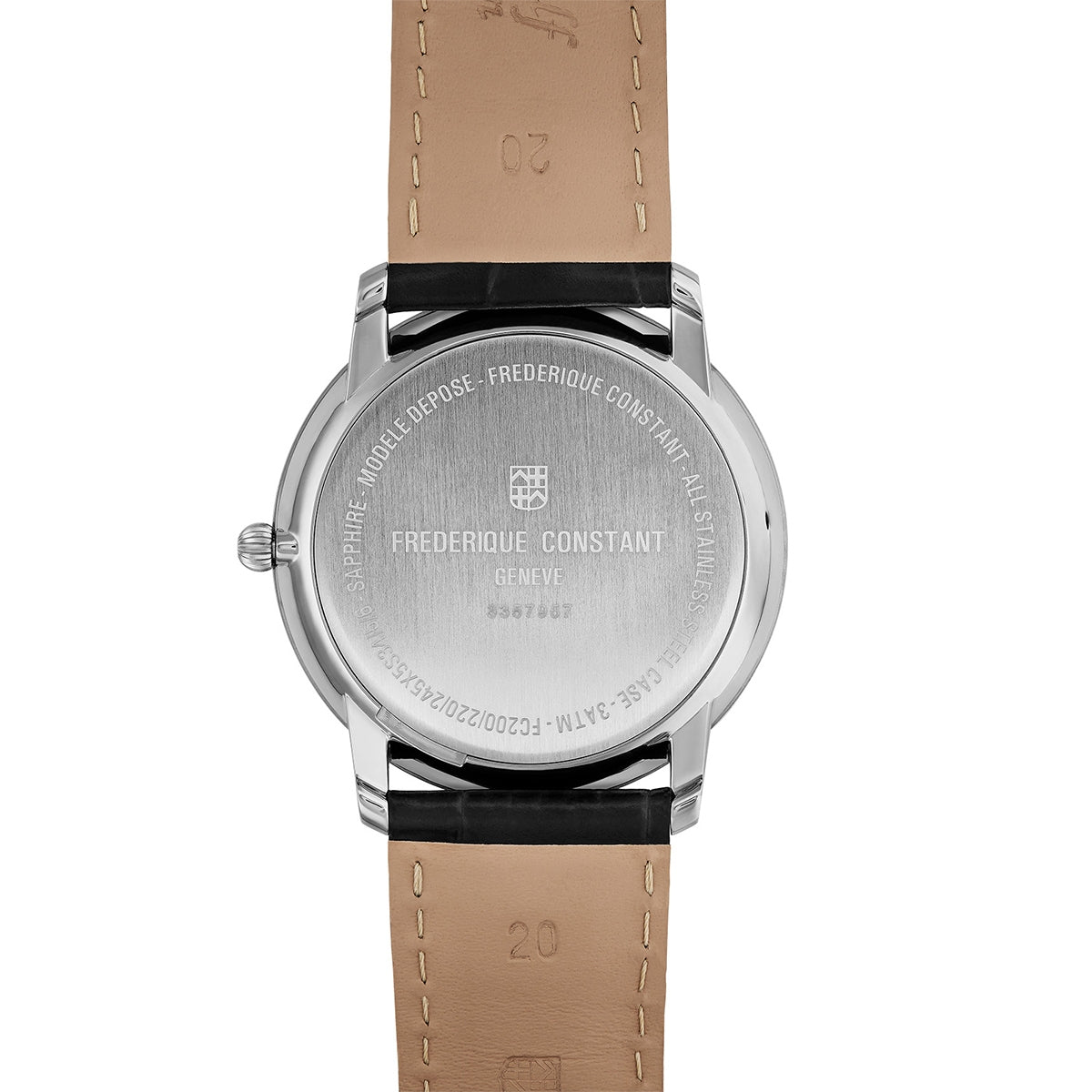 Frederique Constant Men's Slimline Quartz Stainless Steel Watch with Silver Dial & Black Leather Strap front view