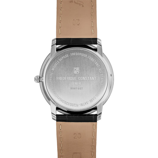 Frederique Constant Men's Slimline Quartz Stainless Steel Watch with Silver Dial & Black Leather Strap front view