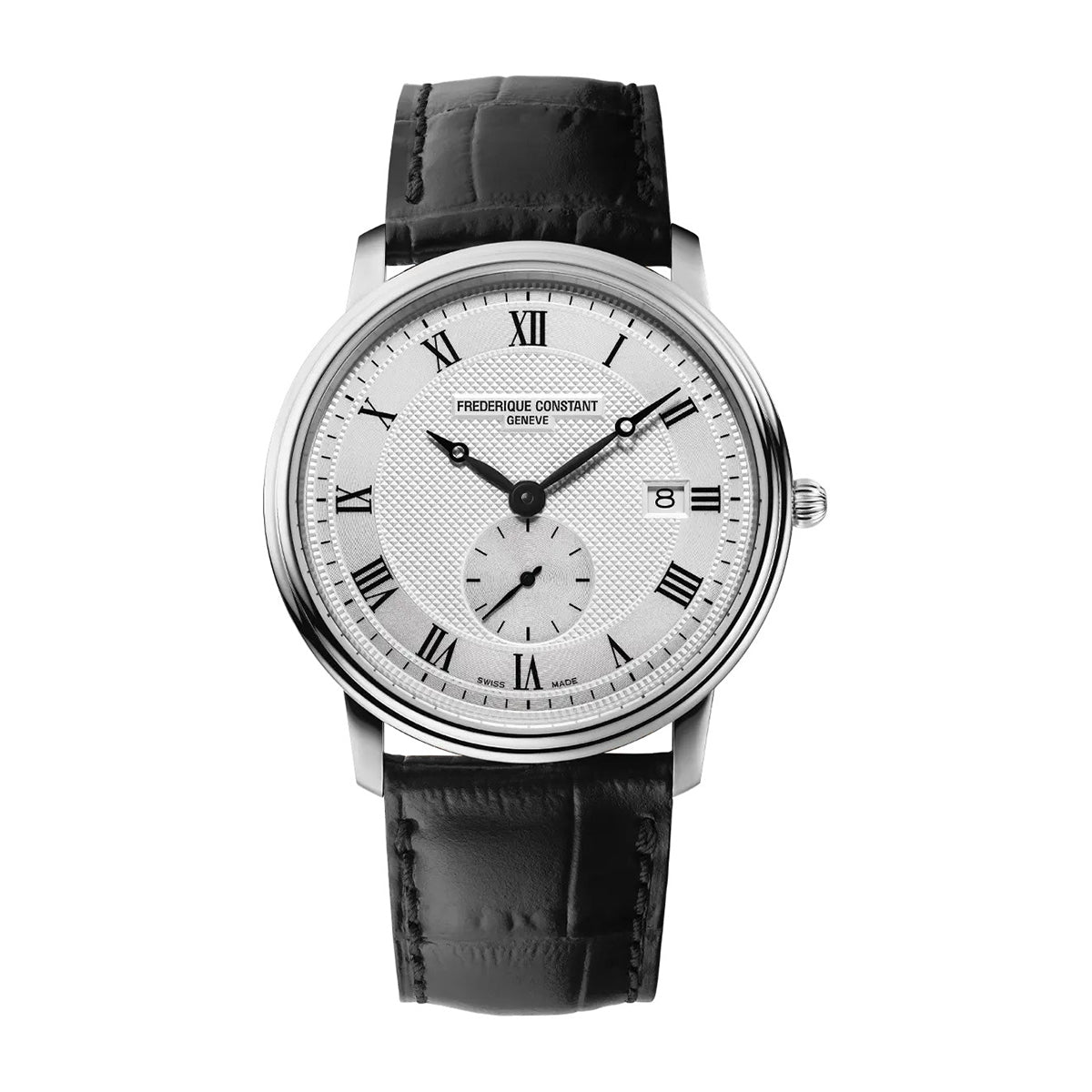 Frederique Constant Men's Slimline Quartz Stainless Steel Watch with Silver Dial & Black Leather Strap