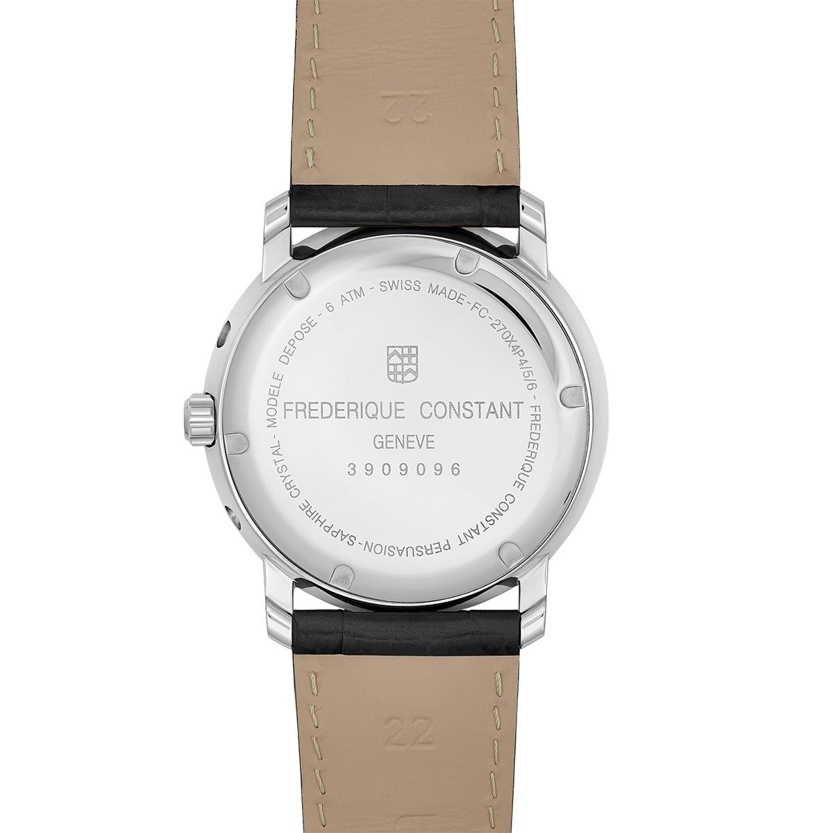 Frederique Constant Men's Index Business Timer Quartz Stainless Steel Watch with Silver Dial & Black Leather Strap front view