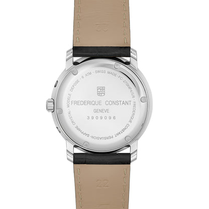 Frederique Constant Men's Index Business Timer Quartz Stainless Steel Watch with Silver Dial & Black Leather Strap front view