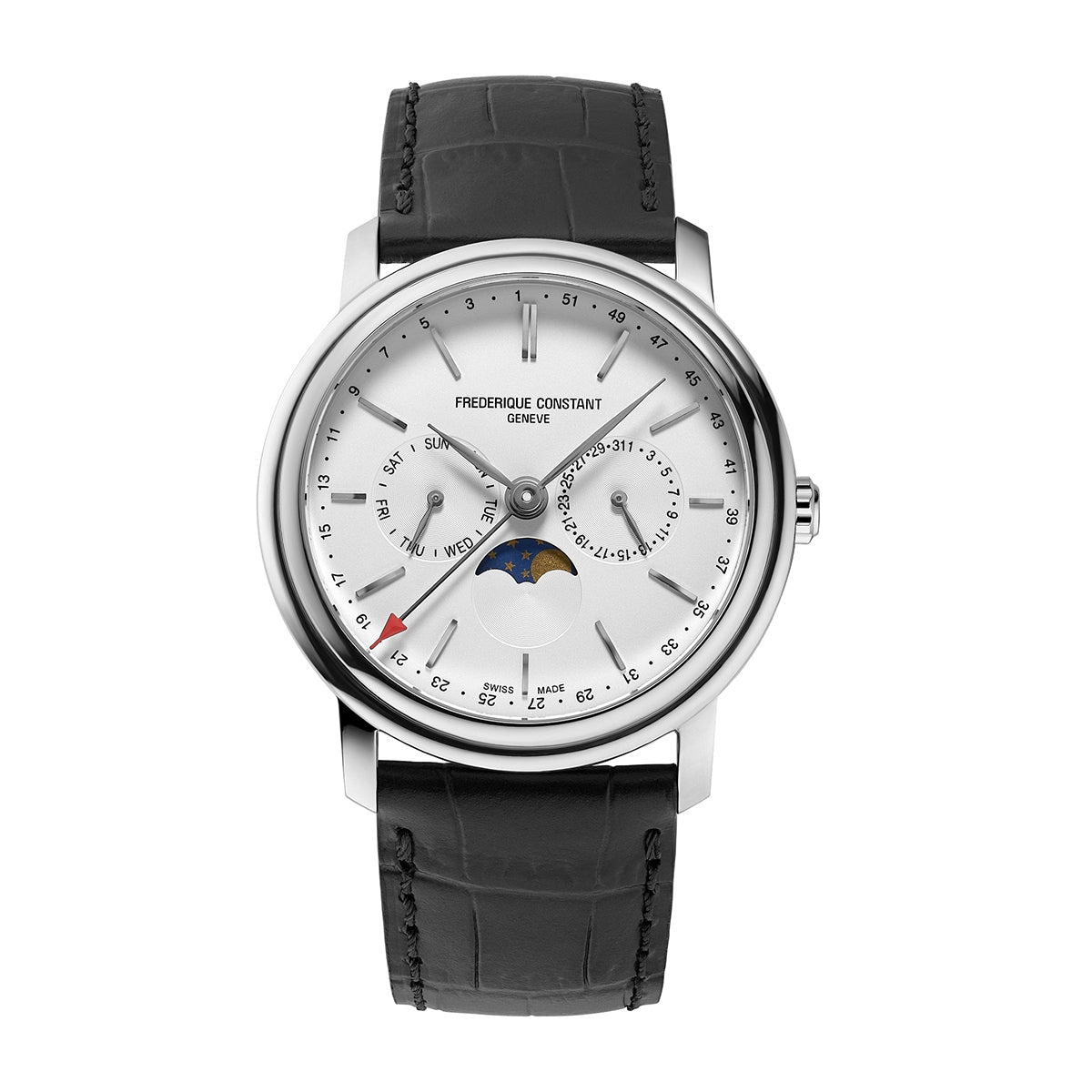 Frederique Constant Men's Index Business Timer Quartz Stainless Steel Watch with Silver Dial & Black Leather Strap