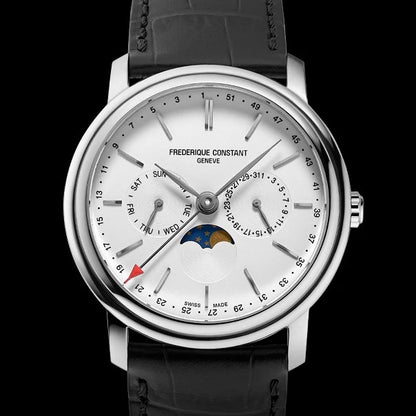Frederique Constant Men's Index Business Timer Quartz Stainless Steel Watch with Silver Dial & Black Leather close-up detail