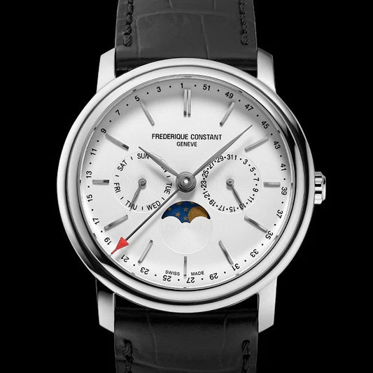 Frederique Constant Men's Index Business Timer Quartz Stainless Steel Watch with Silver Dial & Black Leather close-up detail
