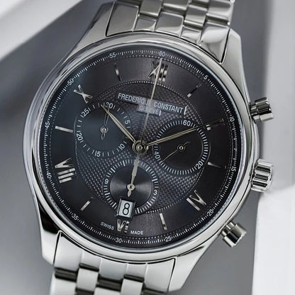 Frederique Constant Men's Index Business Timer Quartz Stainless Steel Watch with Gray Dial close-up detail