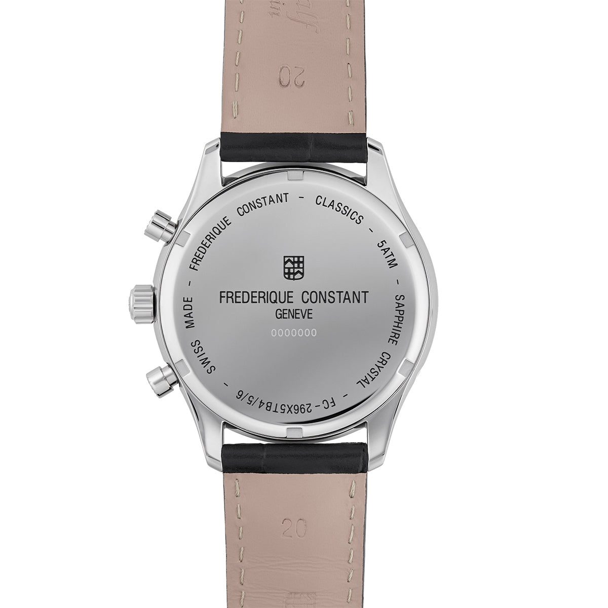 Frederique Constant Men's Triple Calendar Quartz Stainless Steel Watch with White Dial & Black Leather Strap front view