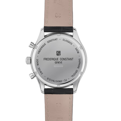 Frederique Constant Men's Triple Calendar Quartz Stainless Steel Watch with White Dial & Black Leather Strap front view