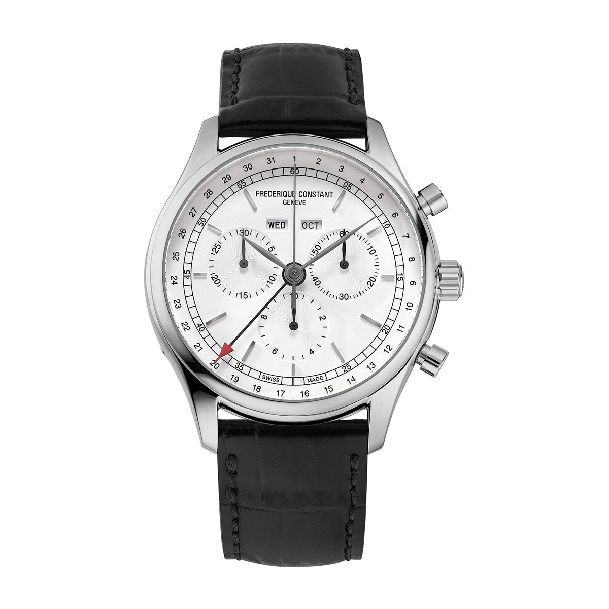 Frederique Constant Men's Triple Calendar Quartz Stainless Steel Watch with White Dial & Black Leather Strap