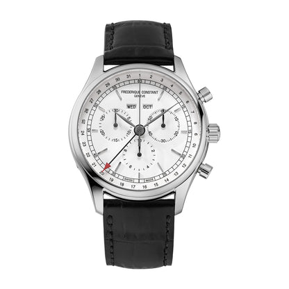 Frederique Constant Men's Triple Calendar Quartz Stainless Steel Watch with White Dial & Black Leather Strap