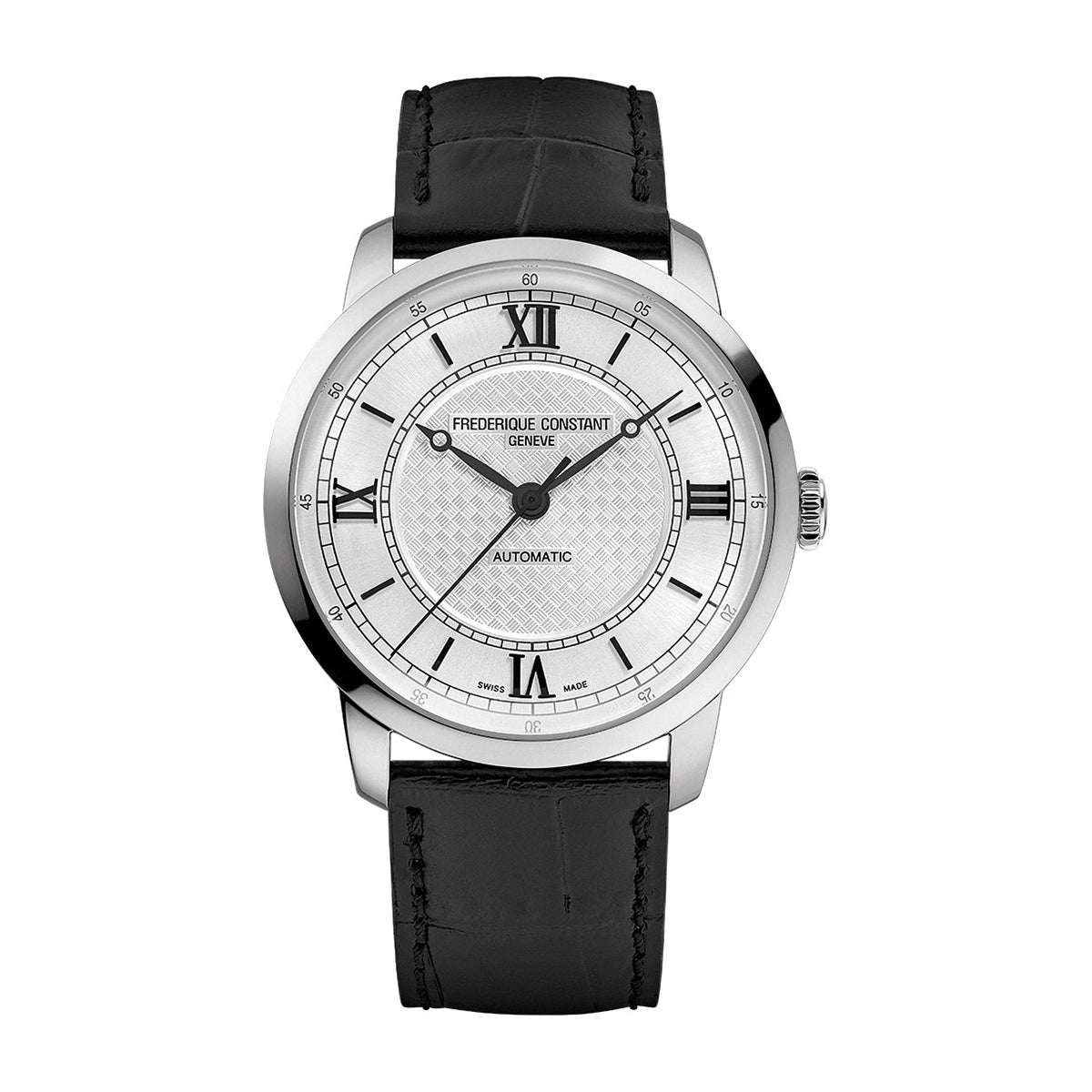 Frederique Constant Men's Premiere Automatic Stainless Steel Watch with Silver Dial & Black Leather Strap