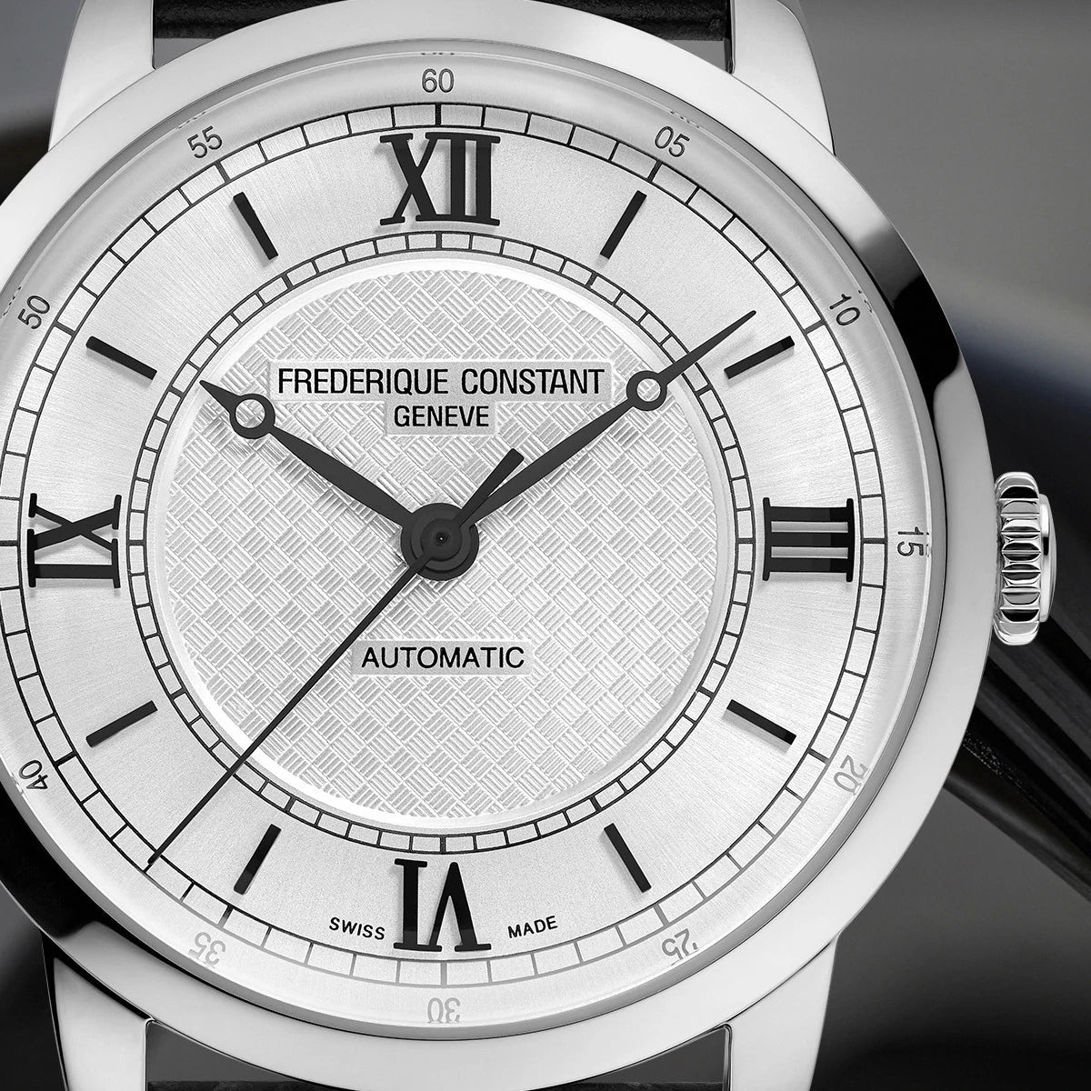 Frederique Constant Men's Premiere Automatic Stainless Steel Watch with Silver Dial & Black Leather Strap front view
