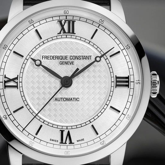 Frederique Constant Men's Premiere Automatic Stainless Steel Watch with Silver Dial & Black Leather Strap front view