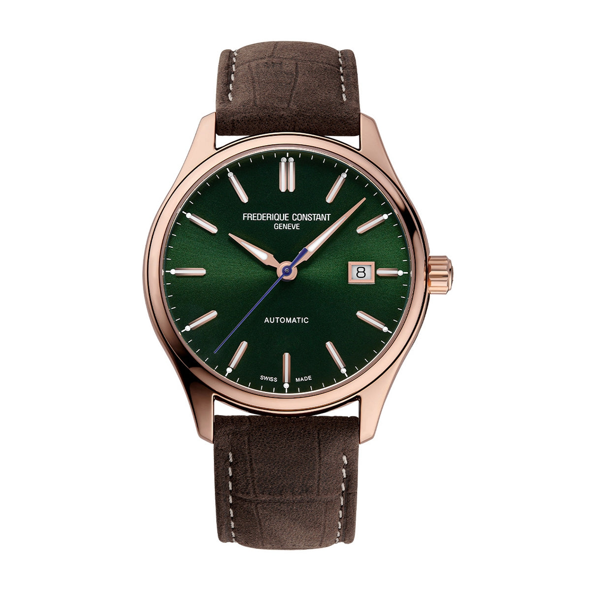 Frederique Constant Men's Index Automatic Rose Gold-Tone Stainless Steel Watch with Green Dial & Brown Leather Strap