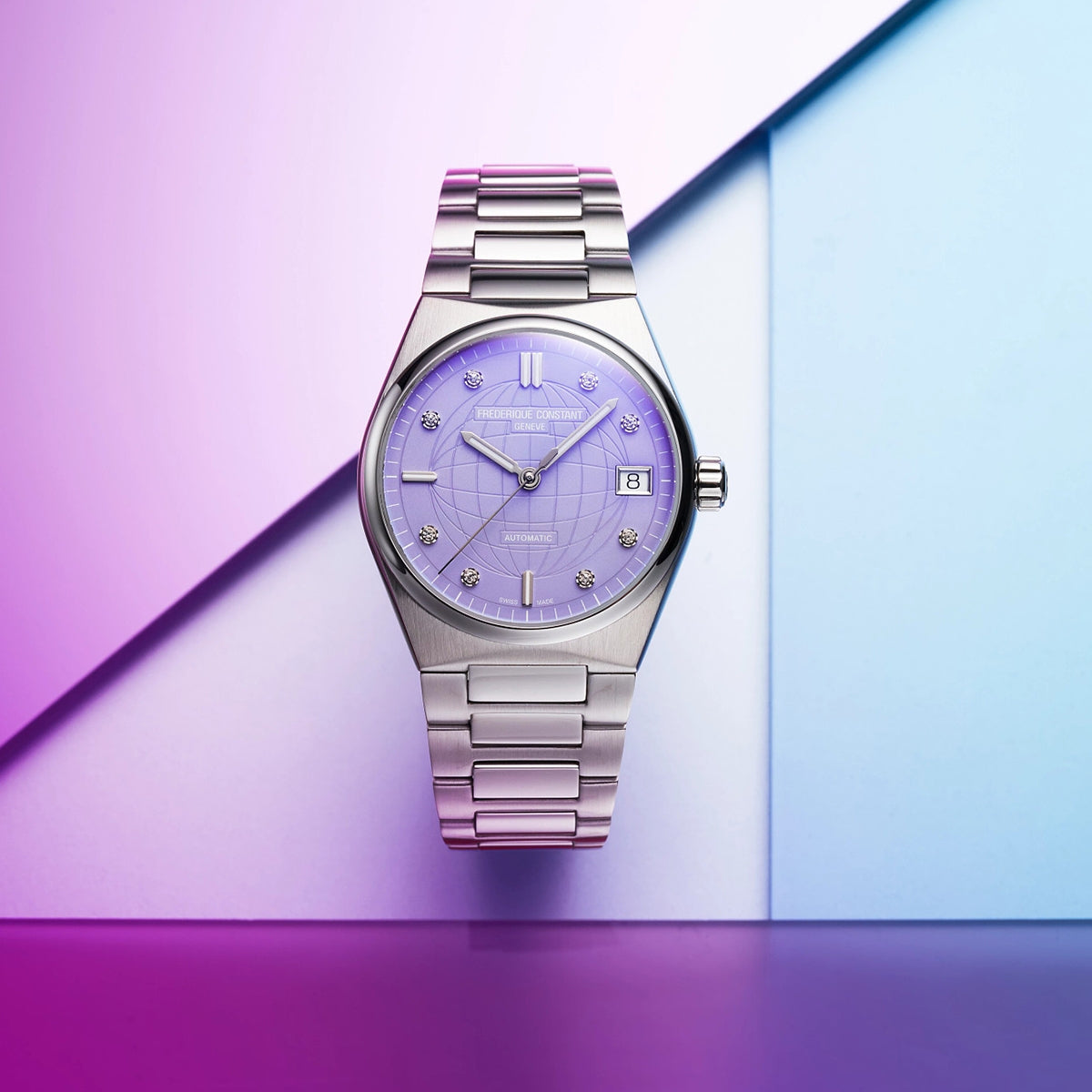 Frederique Constant Ladies' Highlife Automatic Stainless Steel Watch with Purple Dial close-up detail