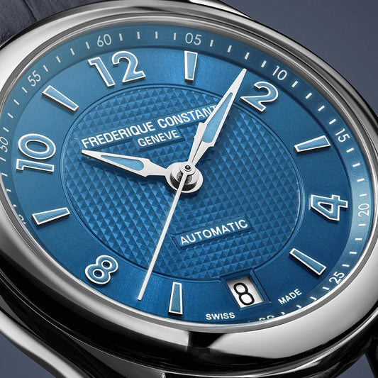 Frederique Constant Ladies' Runabout Automatic Stainless Steel Watch with Blue Dial & Leather Strap front view