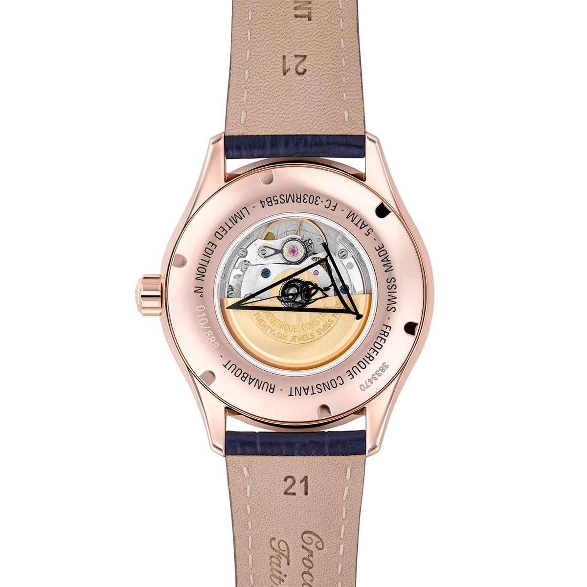 Frederique Constant Men's Runabout Automatic Rose Gold-Tone Stainless Steel Watch with Silver Dial & Blue Leather front view