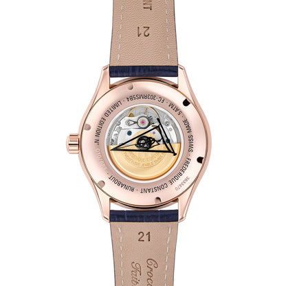 Frederique Constant Men's Runabout Automatic Rose Gold-Tone Stainless Steel Watch with Silver Dial & Blue Leather front view