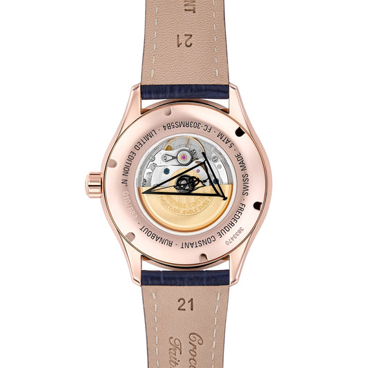 Frederique Constant Men's Runabout Automatic Rose Gold-Tone Stainless Steel Watch with Silver Dial & Blue Leather front view