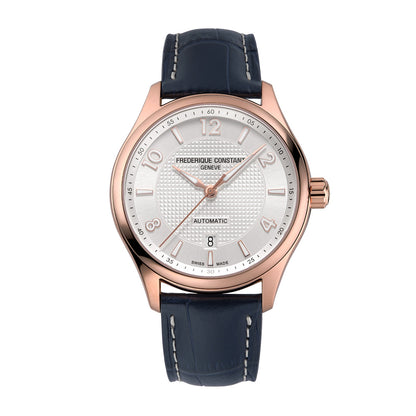 Frederique Constant Men's Runabout Automatic Rose Gold-Tone Stainless Steel Watch with Silver Dial & Blue Leather Strap